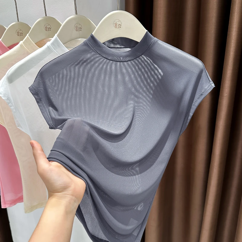 灰色圆领短袖T恤女夏季新款网纱薄款镂空透明打底衫紧身纯欲上衣