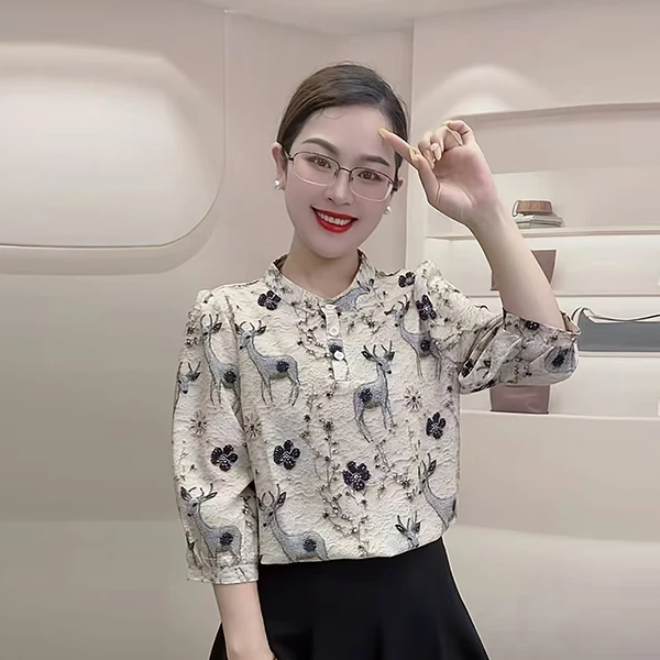 夏季新款七分袖上衣女宽松显瘦百搭大码时尚女装减龄套头小衫小鹿