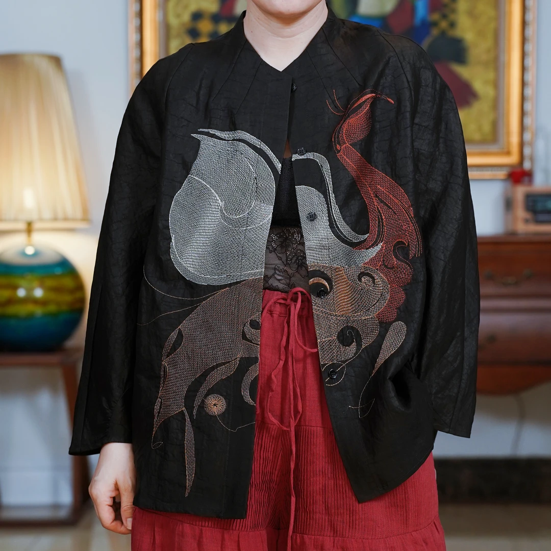 『檀香』复古中国风黑龟重工立体六万针刺绣老料长袖外套-P5Q7022