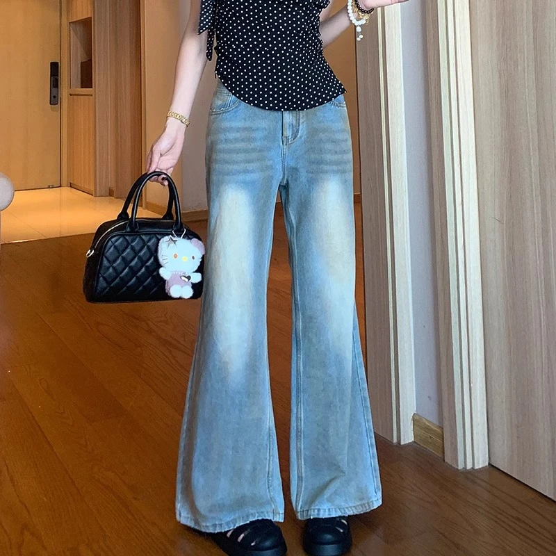 mcc lemons宅女易梦玲同款黄泥脏洗磨破牛仔裤女阔腿水洗微喇长裤