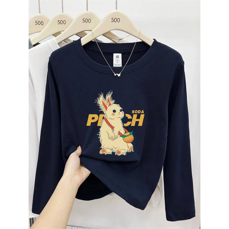 国潮兔子印花正肩长袖T恤大码女装胖mm休闲圆领打底衫早秋上衣服