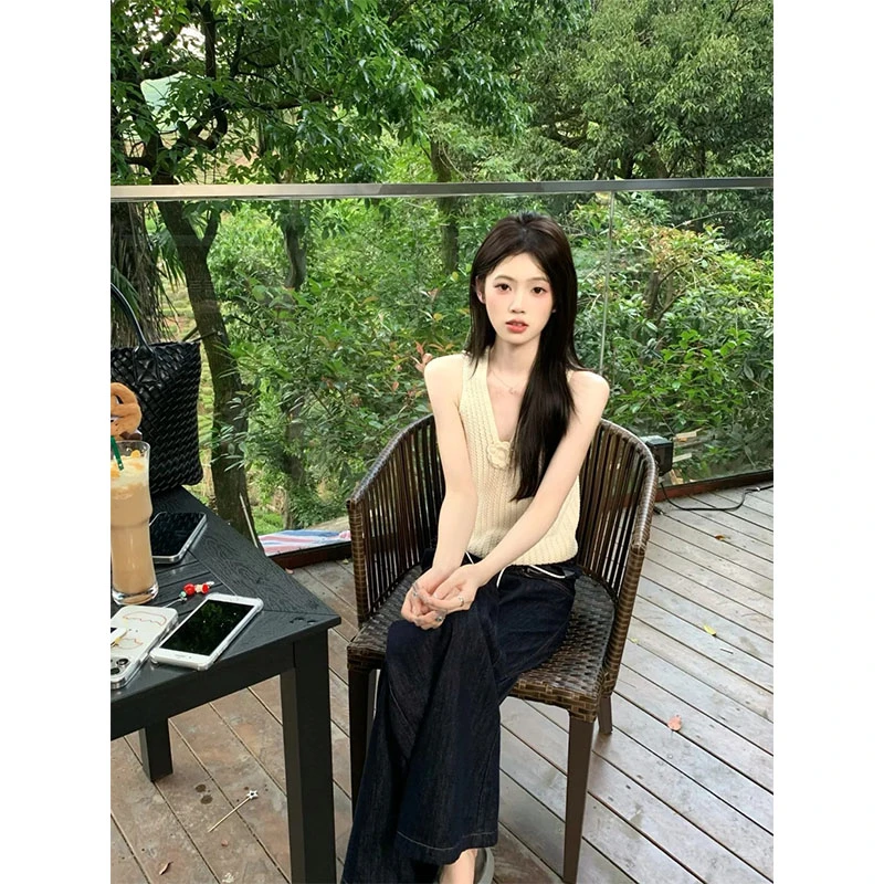 夏季新款修身小众设计感针织V领无袖上衣休闲简约时尚宽松长裤女