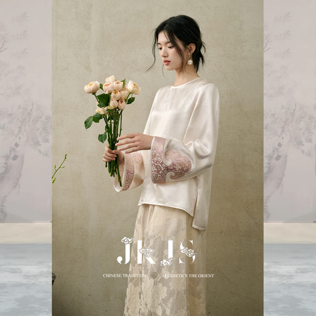 JKJS【漱玉暖】新中式醋酸金丝提花衬衫上衣女宽松小衫慵懒感穿搭