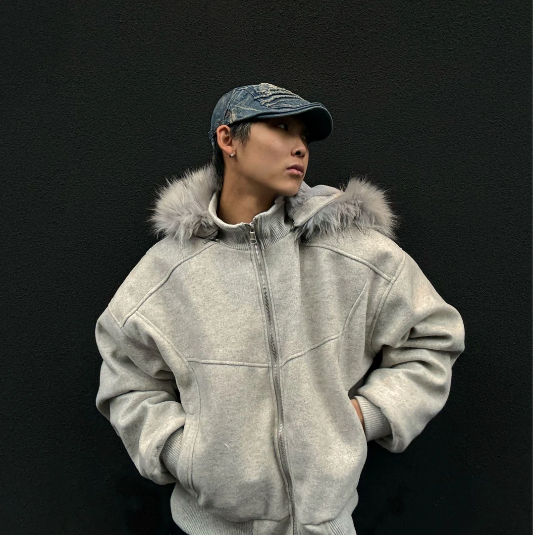 SKATEPARK“呢子毛毡“座山雕”复古怀旧可拆卸连帽短宽冬季棉服外套