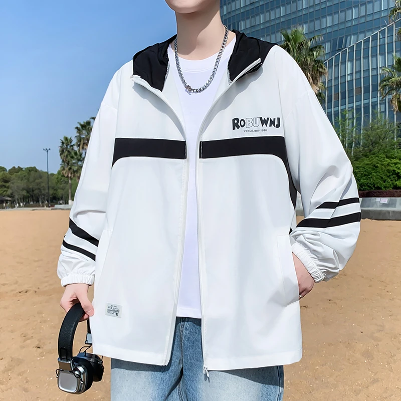 青少年新款简约撞色舒适薄款潮流帅气夏季连帽防晒衣外套学生男