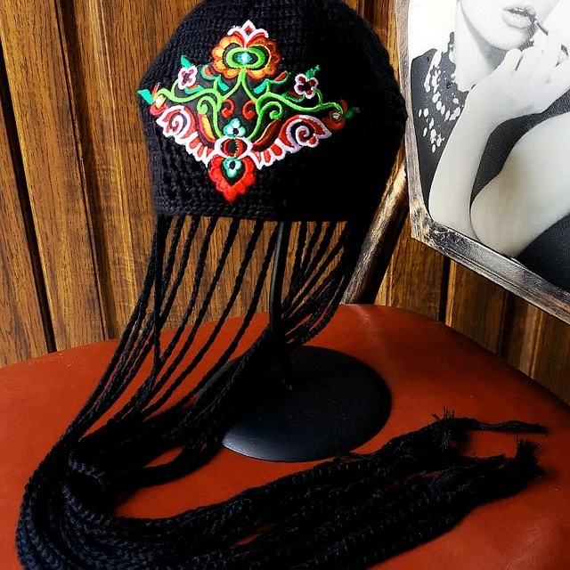 民族风毛线帽手工帽刺绣花帽女文艺复古镂空帽子杨丽平中国风