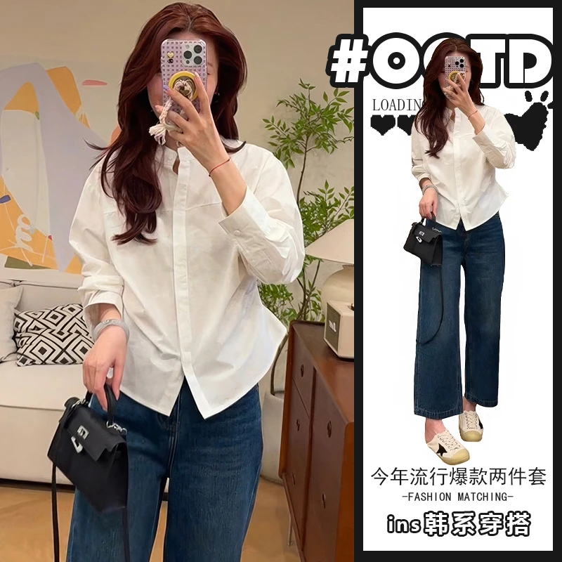 独特别致套装女秋季高级感优雅长袖衬衫时尚百搭显瘦牛仔裤两件套