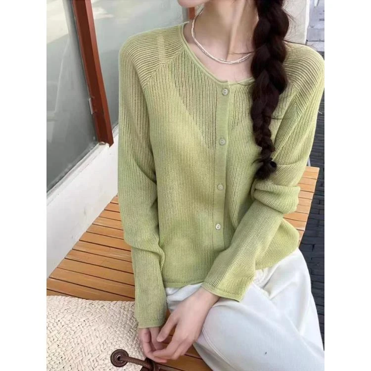 【大麦运费补贴】卷边领镂空开衫~薄款显瘦百搭韩版上衣