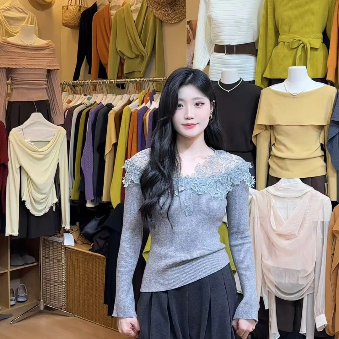 冬季新品复古法式优雅纯欲刺绣蕾丝针织衫