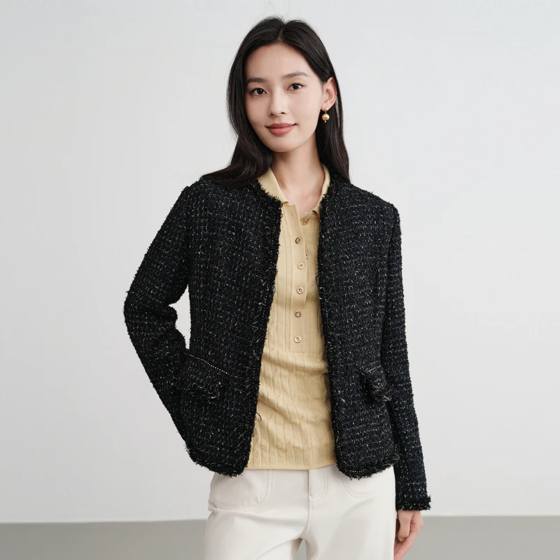 EP雅莹2025新款女装 气质小香风含绵羊毛圆领花呢轻棉服M102A