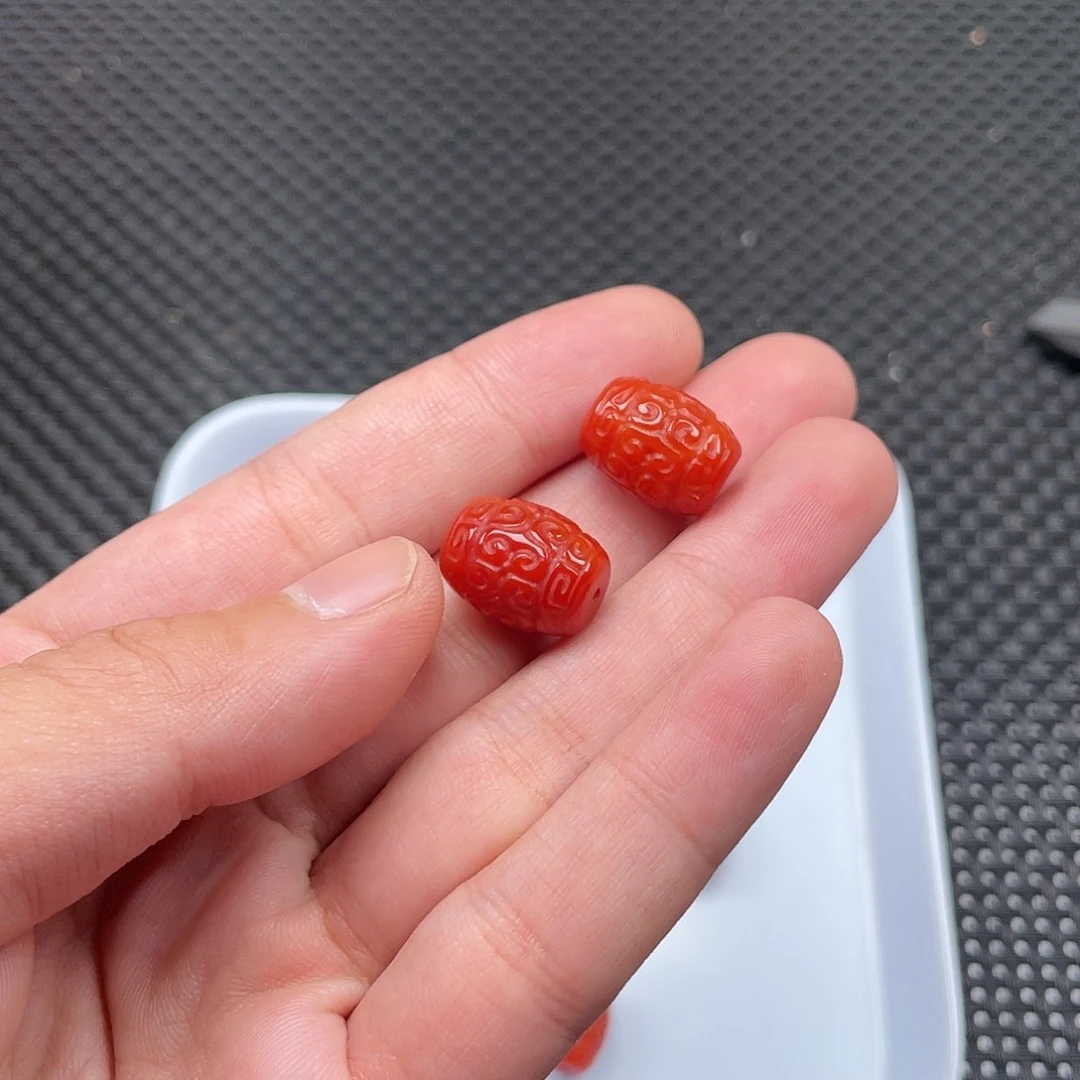 南红玛瑙12*15柿子红回纹桶珠一组2颗未镶嵌