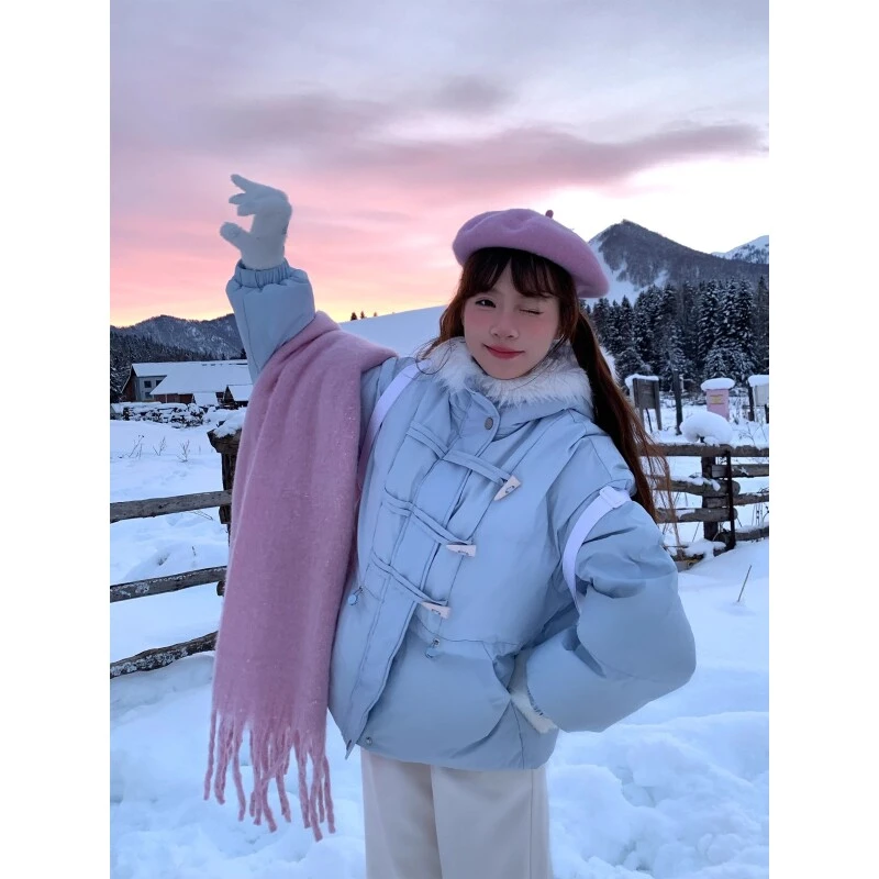 sinsingirl 女士羽绒服冬季2024新款蓝色牛角扣90白鸭绒短款外套