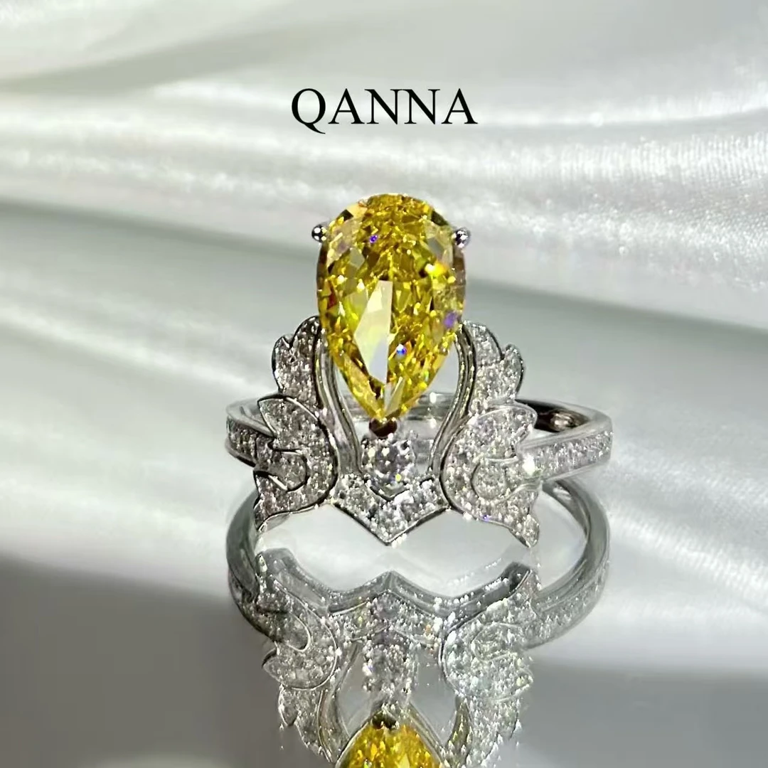 QANNA【黄色大水滴 金钟花】【设计款】奢华名媛风经典皇冠钻石戒指AY