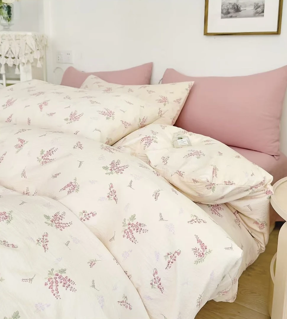 【粉雪诗行】加厚软糯四件套秋冬新款皱皱双层纱亲肤舒适单人双人床