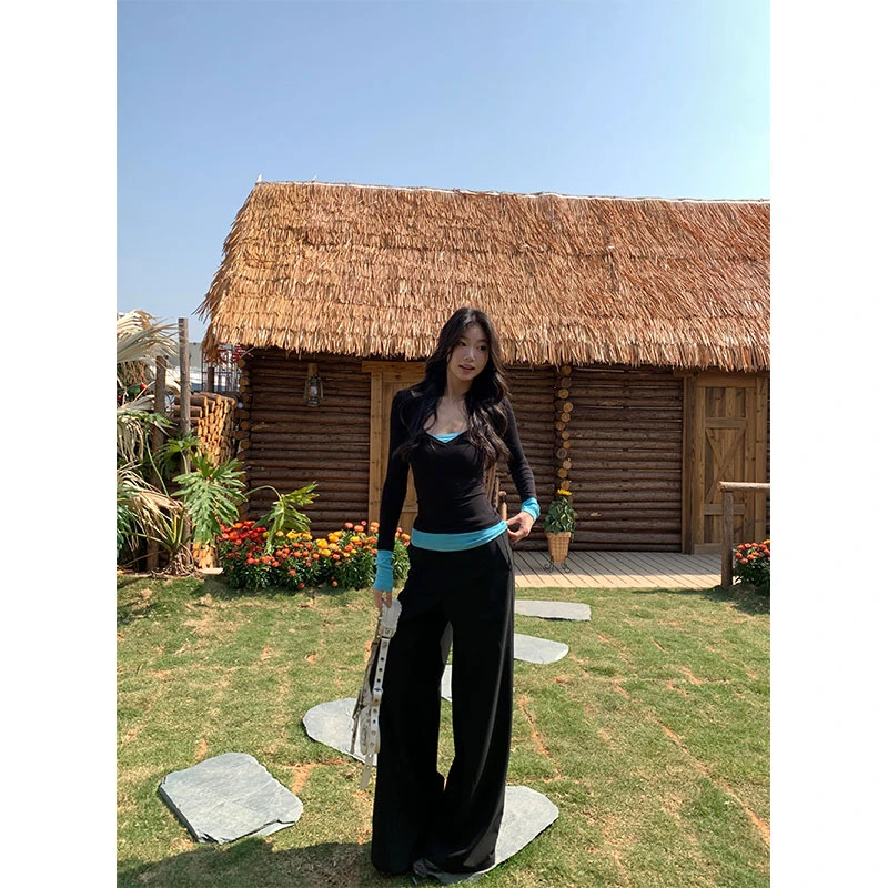 withmin凉皮 双色胶片 显瘦拖地低腰直筒黑色宽松休闲裤【2522239】