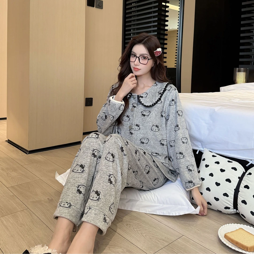 【K小猫-娃娃领】超柔海岛绒新款套装睡衣简约韩版秋冬长袖加绒