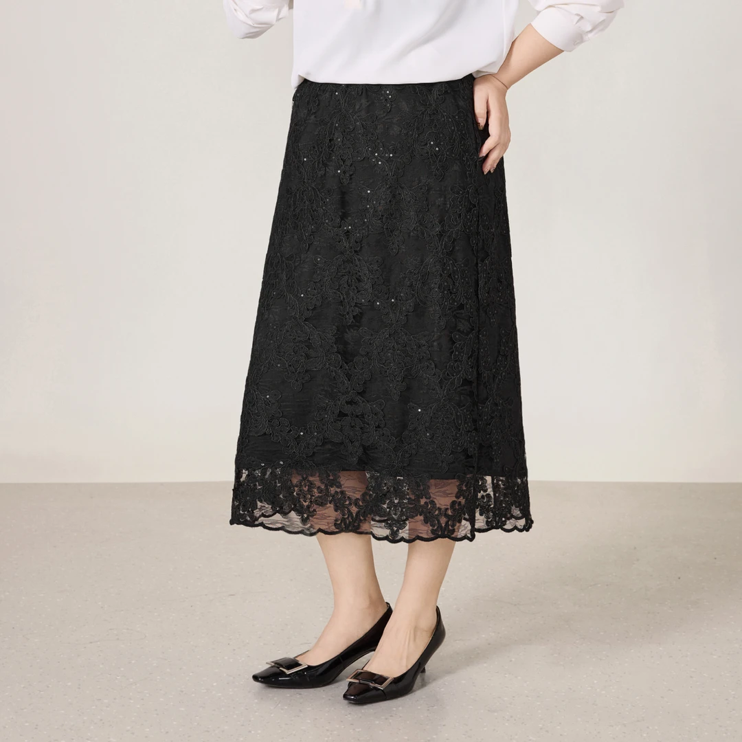 【磨毛牛奶丝】MsShe大码女装2025冬刺绣蕾丝A字长款半裙S~E2512028