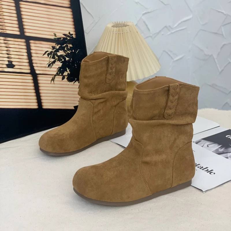 秋冬季复古超火褶皱堆堆靴女2025新款增高套筒马丁靴显瘦勃肯短靴