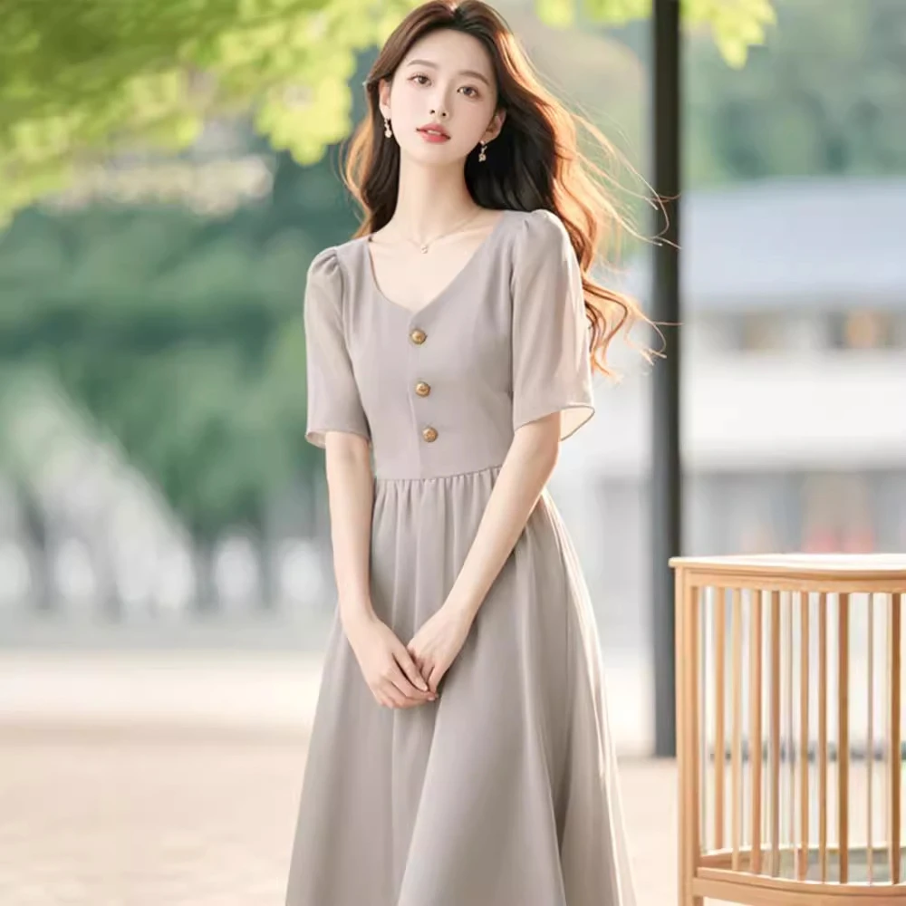 2024新款夏季端庄大气长裙超好看灰色雪纺短袖连衣裙子女简单大方