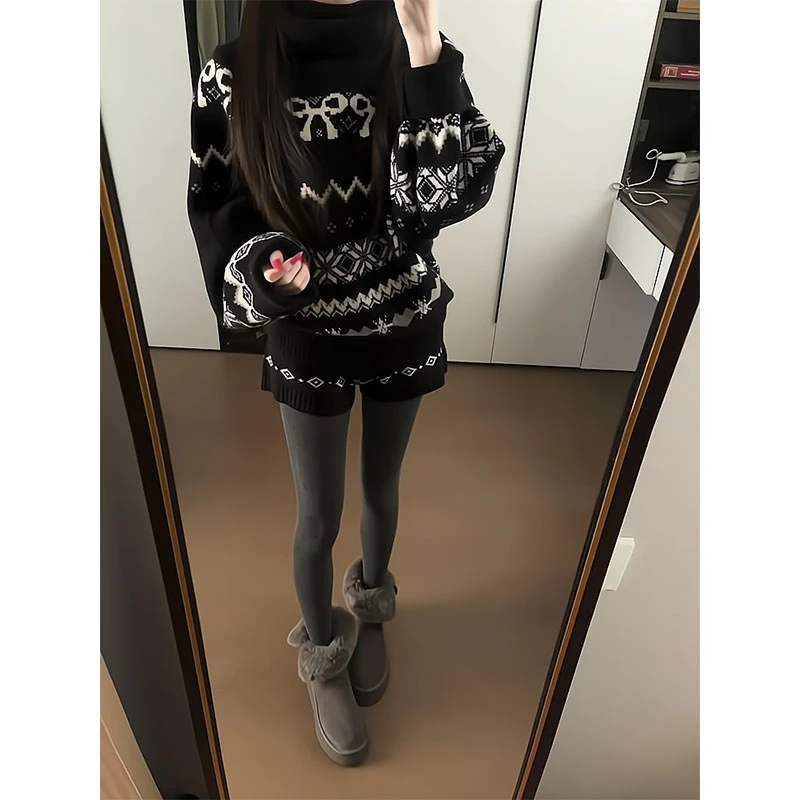 巨好看的深秋冬韩系穿搭一整套费尔岛提花毛衣外套针织显瘦短裤