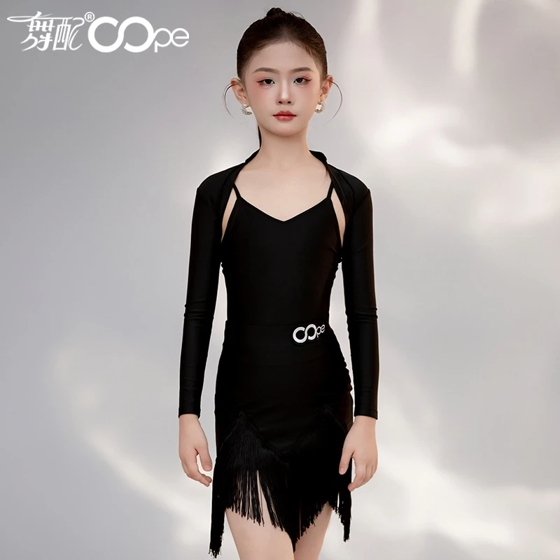 WL51429-2025新款拉丁舞服练功服女童oope舞配舞服黑色流苏裙套装