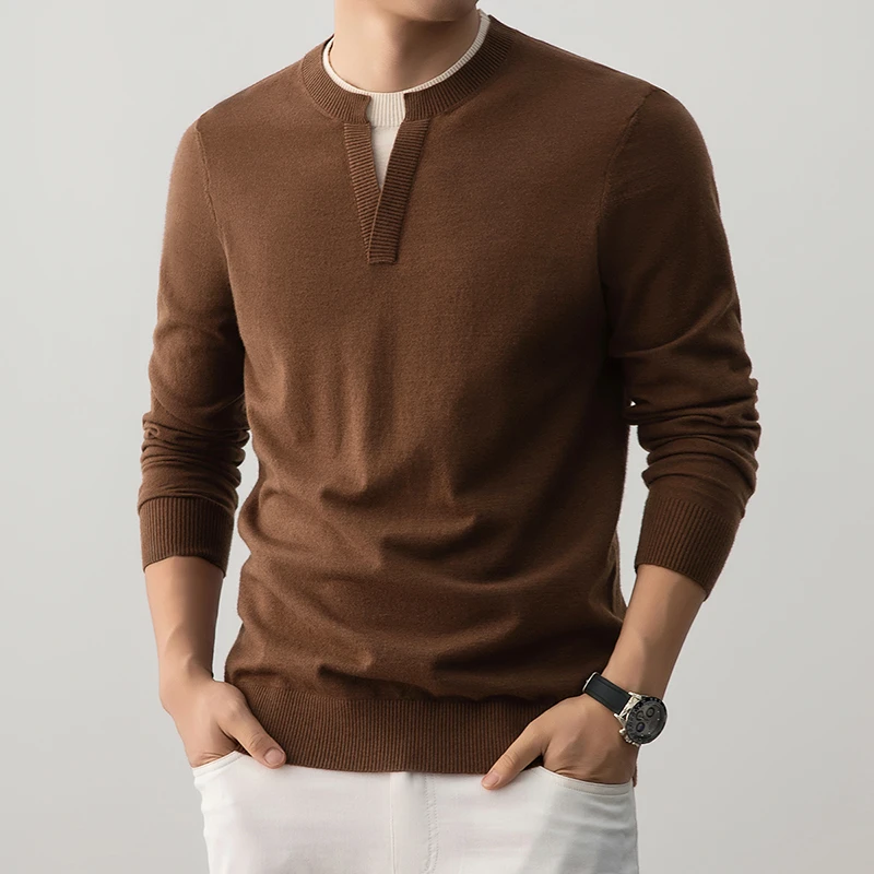 高克重保暖衫男2025新款秋冬季中年爸爸假两件休闲宽松毛衣打底衫