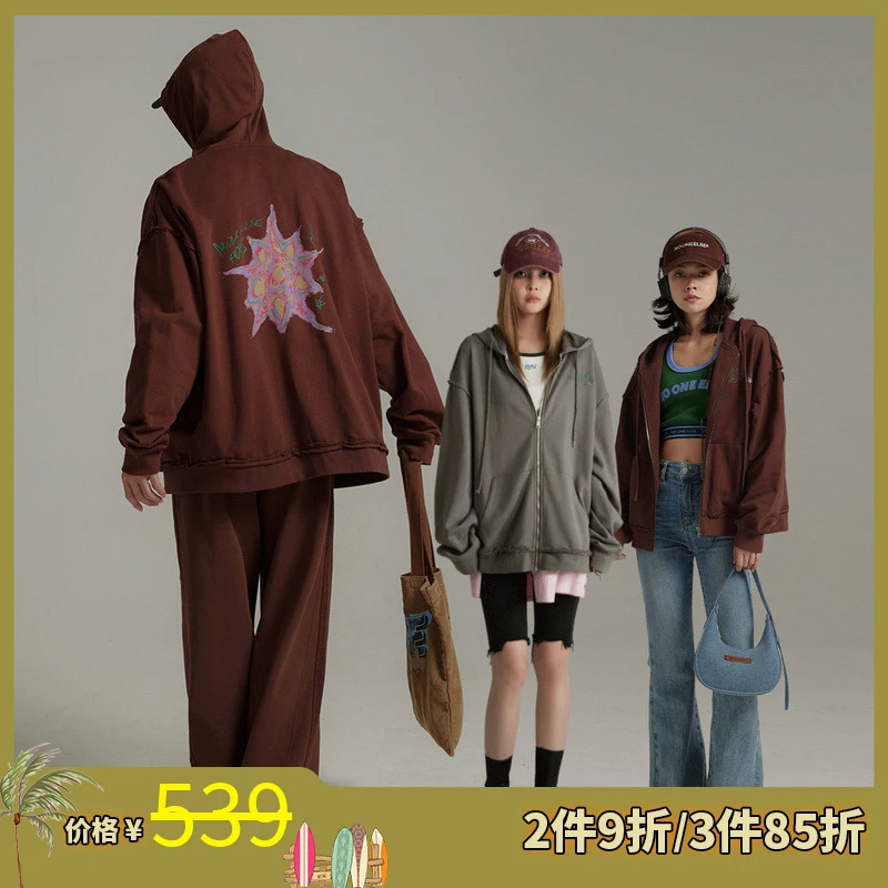 NO ONE ELSE美式复古女装琥珀流光宽松抽绳连帽拉链秋冬长袖外套