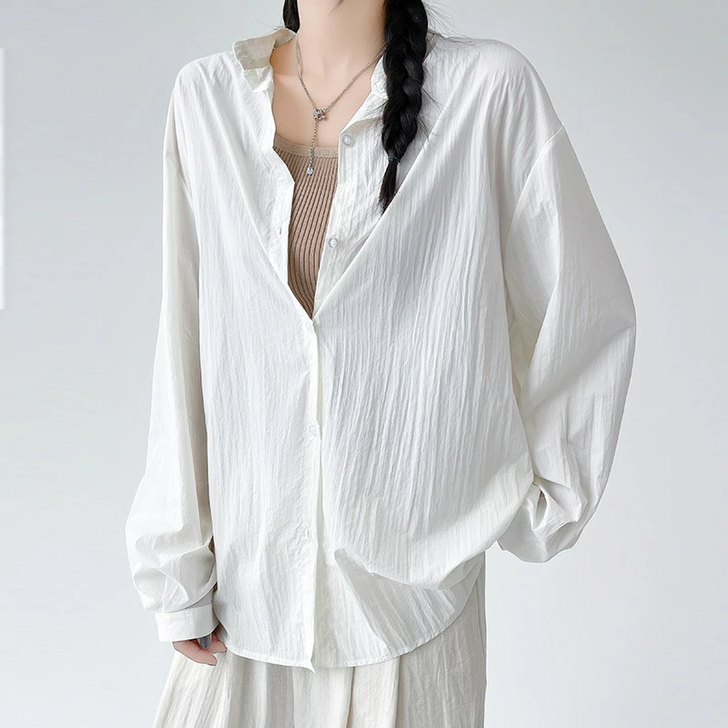 海边度假薄款雪纺防晒衣女三亚旅游白色长袖衬衣沙滩外套开衫上衣