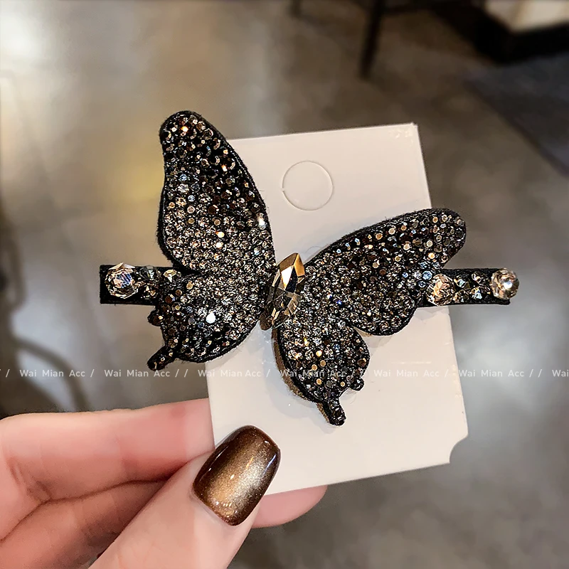 高端满钻蝴蝶发夹边夹头饰女轻奢镶钻黑色刘海夹鸭嘴夹新款一字夹