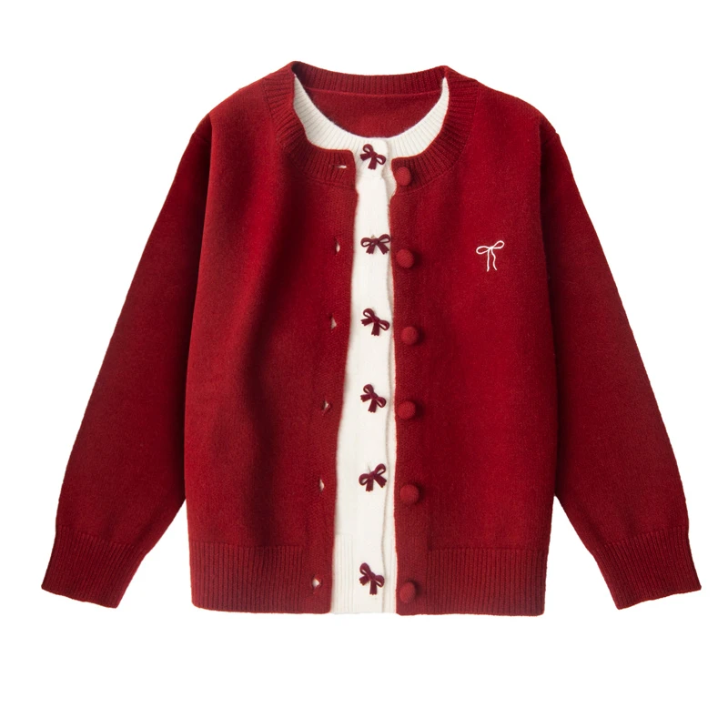 1719女童毛衣儿童红色过年假两件中大童女孩洋气时髦针织毛衣开衫