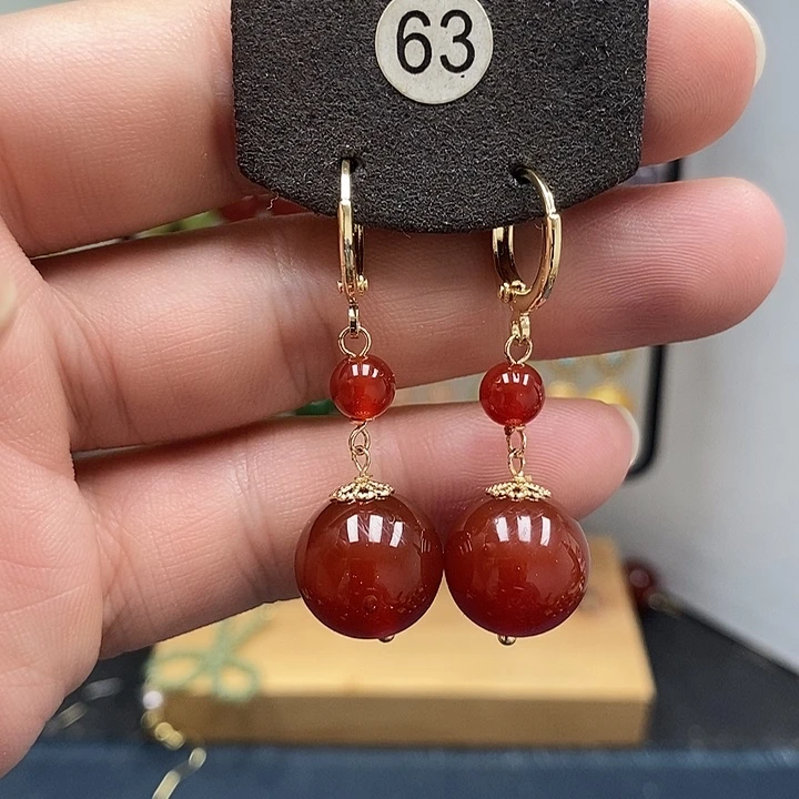 南红玛瑙银S925镀金镶嵌耳饰尺寸14mm