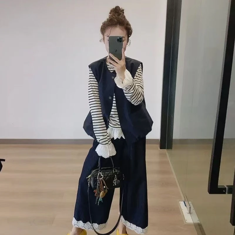 75297大码穿搭整套新款洋气时尚叠穿马甲上衣女蕾丝阔腿裤两件套