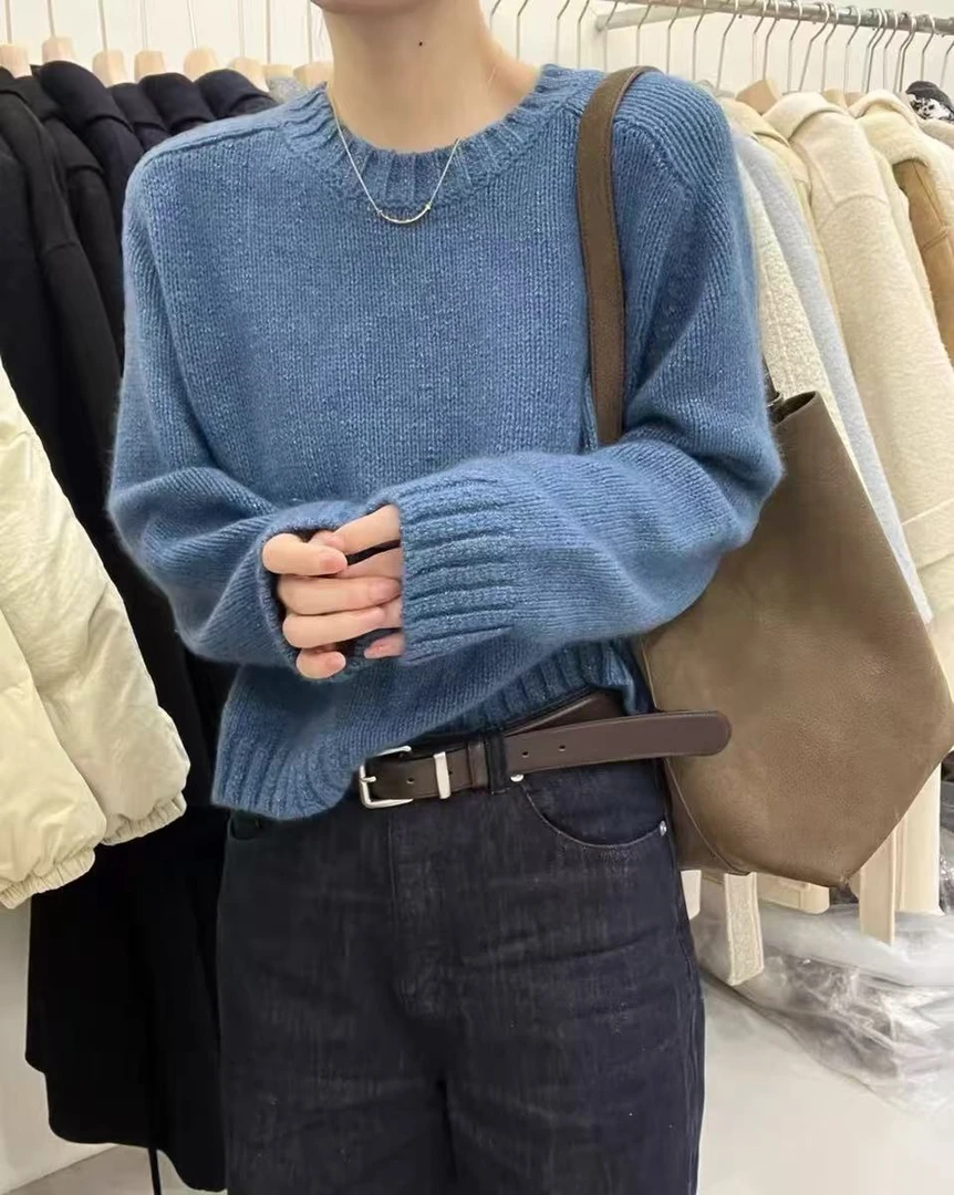 /雾蓝套头/圆领毛衣金丝纱线厚实保暖针织衫 衣长52 胸围56 93778