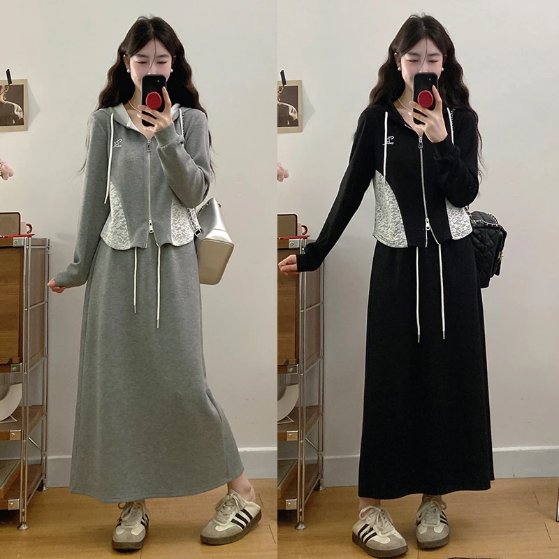 2025春装新款女胖mm大码蕾丝拼接连帽上衣外套半身裙套装21198