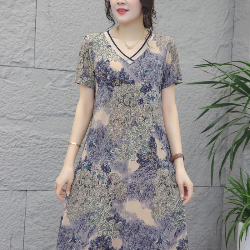 9646-裙子气质宽松遮肉夏季中腰女装透气祥云花夏装连衣裙（F仓）