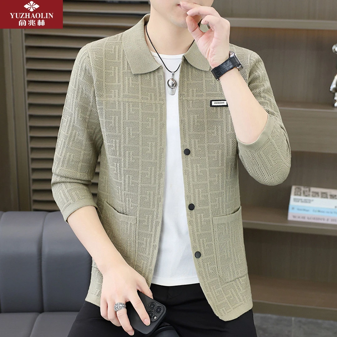 俞兆林男外套春秋季新款翻领提花开衫毛衣简约商务休闲百搭针织衫