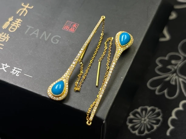 原矿蓝绿松石➕18k➕钻长耳钉 长40.6 全品无暇