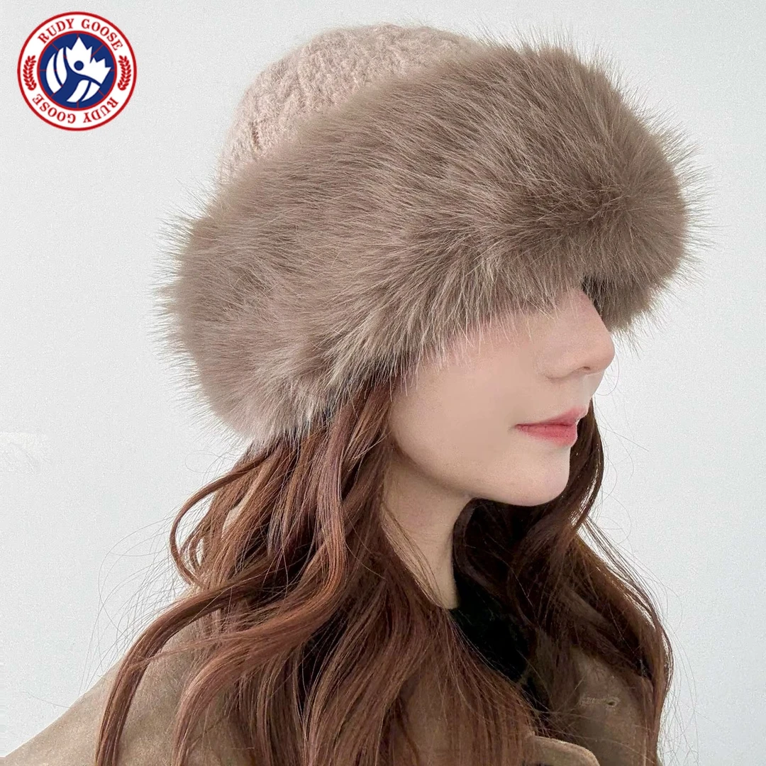 加拿大RUDY GOOSE鹅兔毛帽子女冬季显脸小护耳毛绒渔夫帽麻花针织