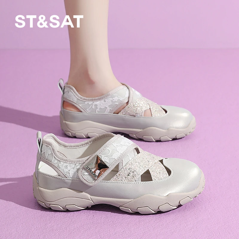 星期六夏季镂空休闲鞋女士2025新款魔术贴透气运动凉鞋lulu风女鞋