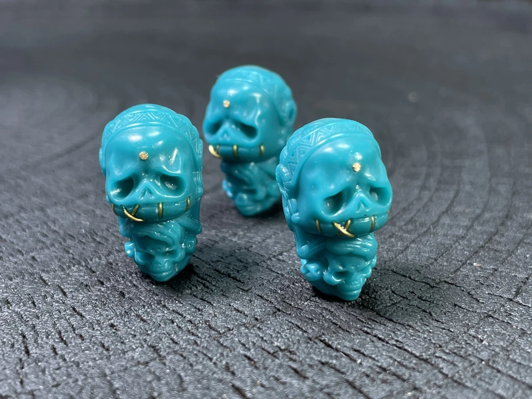 1613文玩湖水蓝阿呆三通镶嵌配星月猴头三通配件文玩椰蒂蒙松