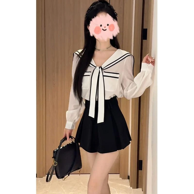 温柔风海军领撞色绑带衬衫女夏季新款学院风洋气休闲上衣