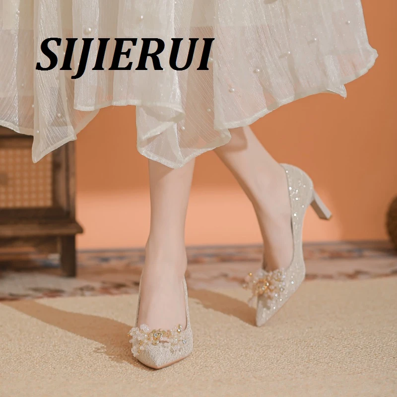 SIJIERUI水晶婚鞋女2025年夏季新款秀禾婚纱高跟新娘鞋尖头单鞋女