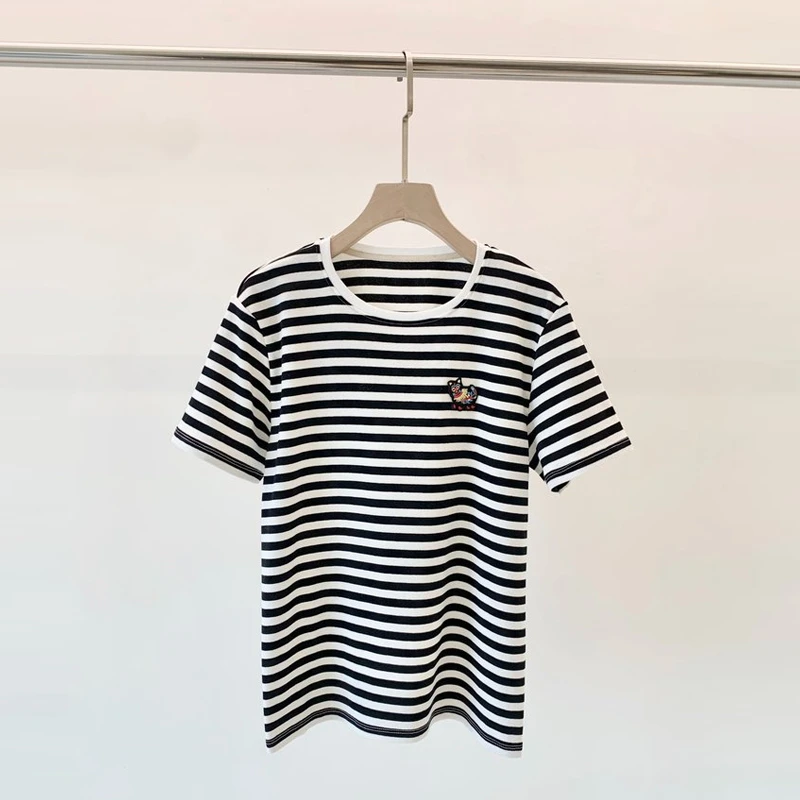 ZEZI纯棉条纹短袖T恤圆领舒适透气T时尚洋气休闲上衣百搭显瘦新款
