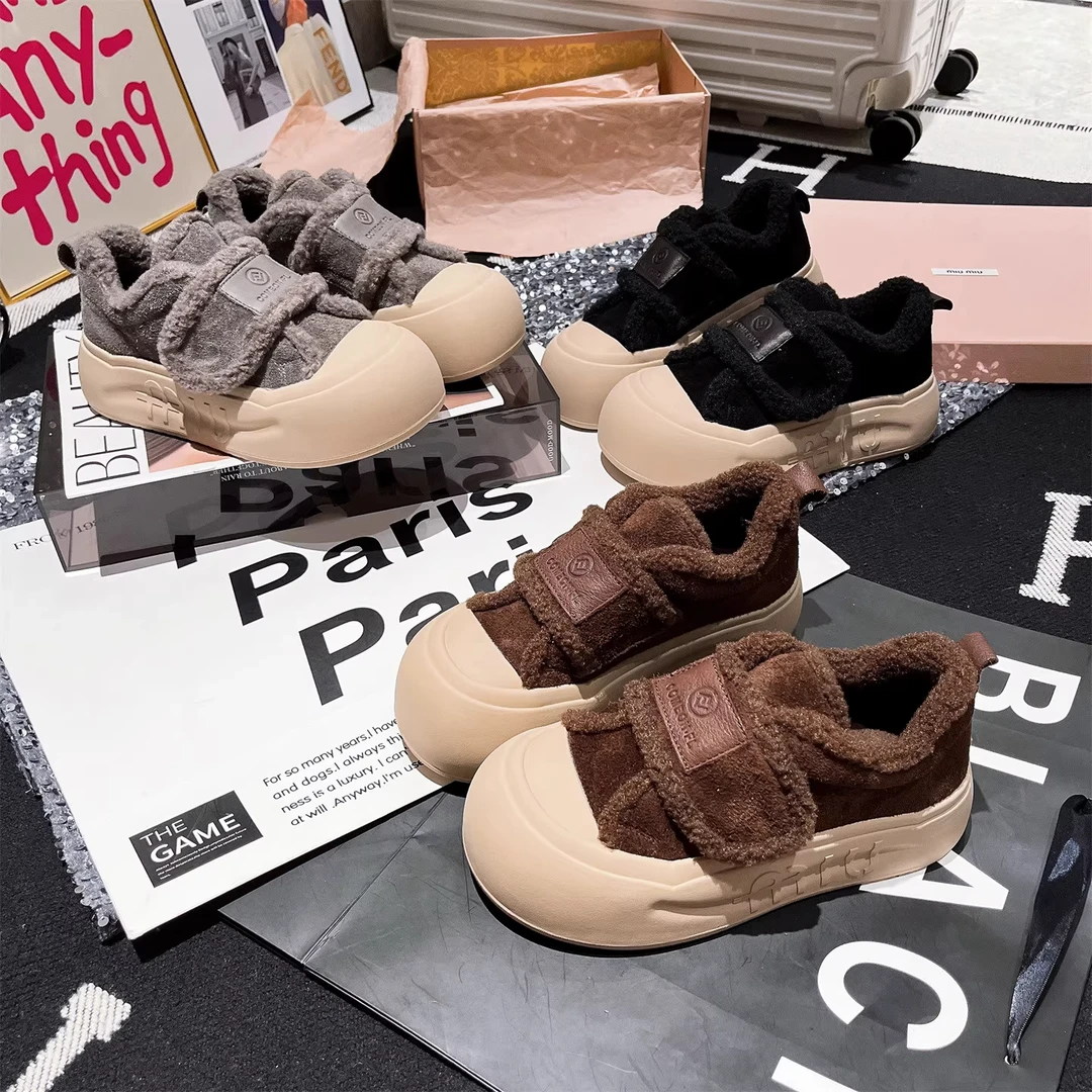 【琪】加绒魔术贴休闲鞋2025新款大头板鞋面包鞋厚底松糕鞋百搭女鞋