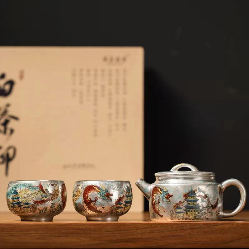 周鸿杰鎏银龙凤呈祥茶具套装高档家用功夫茶具一壶两杯 3821