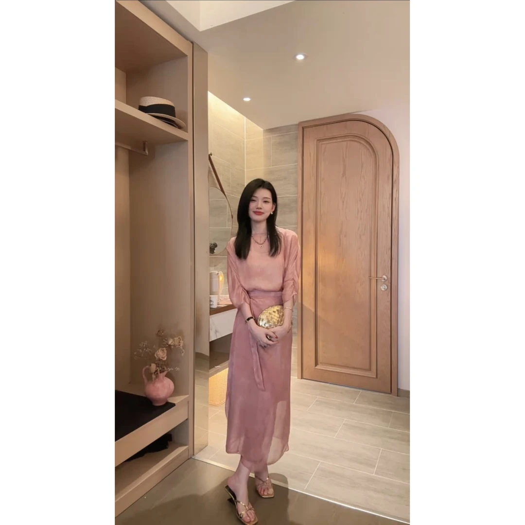 【洛神霓裳】100%桑蚕丝·优雅风整衣暗纹提花·交叉围裹腰长款连衣裙