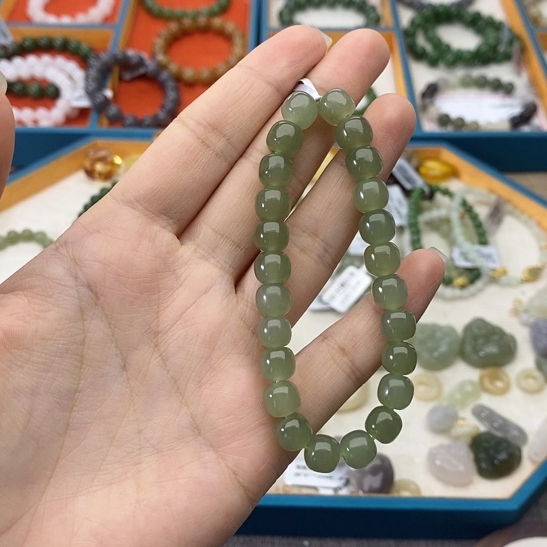 和田玉未镶嵌手链w24晴水绿7*8