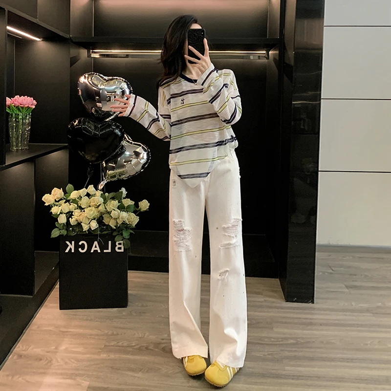 秋季新款时尚套装条纹针织衫长袖搭高腰牛仔长裤春秋减龄两件套