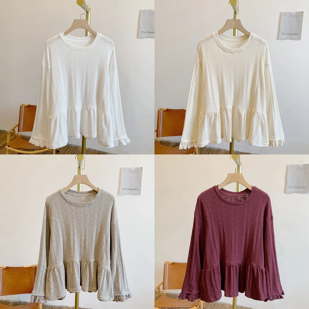 C4889竖纹蕾丝边圆领长袖T恤