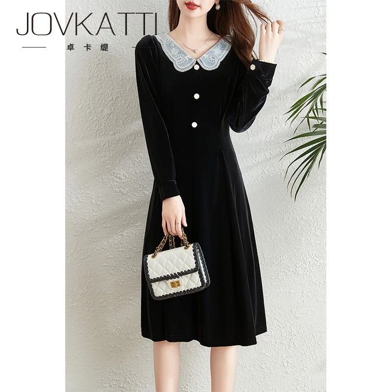 法式复古气质娃娃领丝绒连衣裙女秋季2025新款收腰显瘦气质A字裙